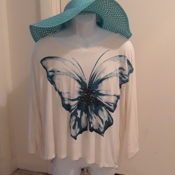 Apt. 9 Tops - 1X Apt 9 Sparkle Teal Butterfly Blouse in Cream